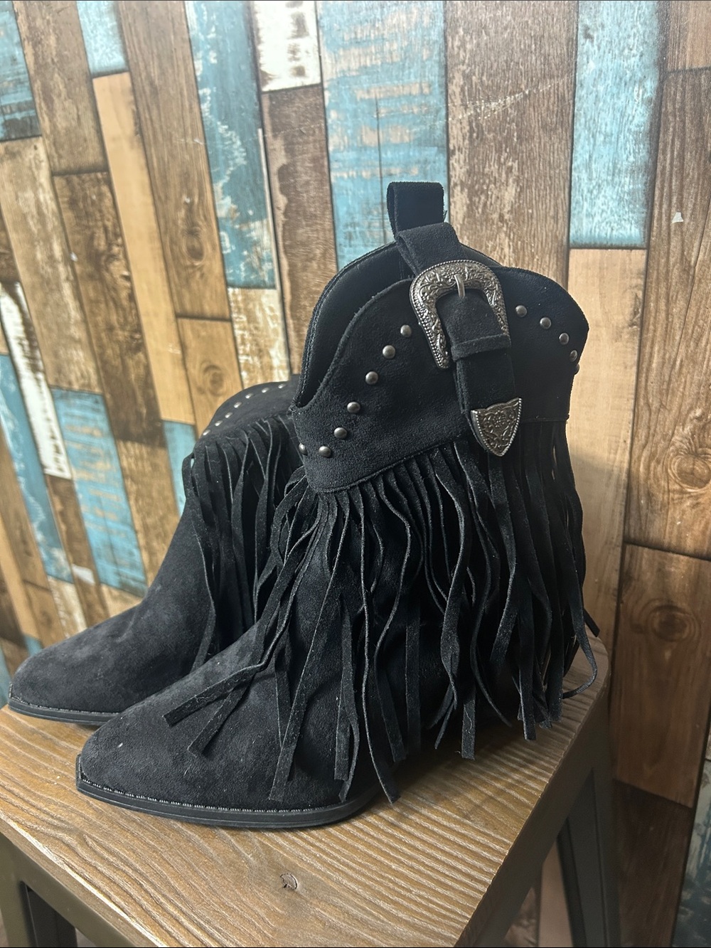Black Suede Fringe Western Ankle Boots with Silver Buckle